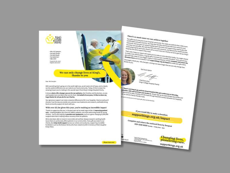 King's College Hospital Charity - Impact report mailer letter displaying an image of the letter front and reverse.