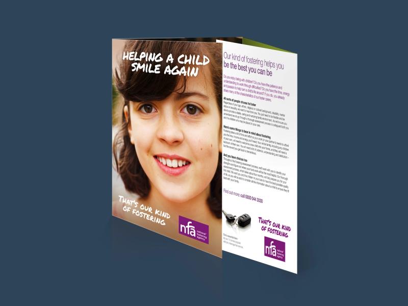 National Fostering Agency campaign 3d leaflet mockup showing an image of a smiling girl on the cover with the caption "Helping a child smile again".