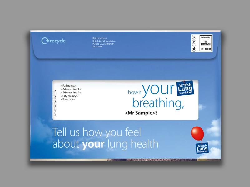 British Lung Foundation, Breather Better campaign - A blue envelope reverse with clouds and a red balloon with the caption "Tell us how you feel about your lung health".