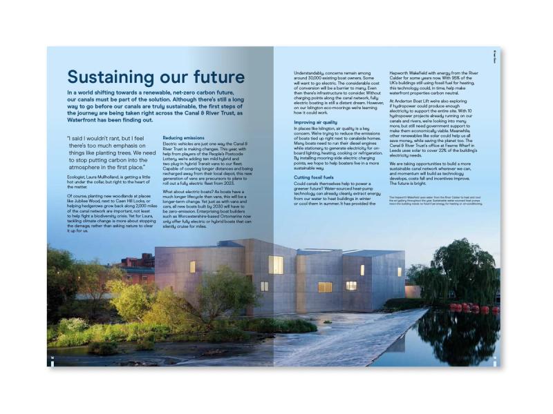 Canal & River Trust magazine inner spread showing a modern looking building at the edge of a weir with the title "Sustaining our future".
