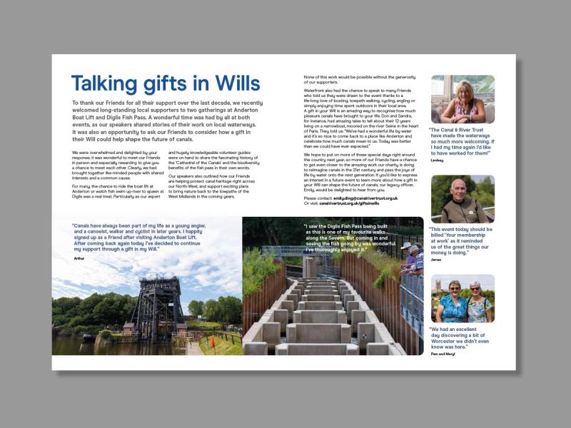 Canal & River Trust legacy engagement brochure double page spread with images and messaging and a caption of "Talking gifts in Wills".