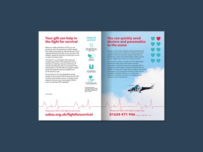 KSS Air Ambulance - I am 1 in 10 campaign mailer inner pages displaying information on KSS and how to donate.