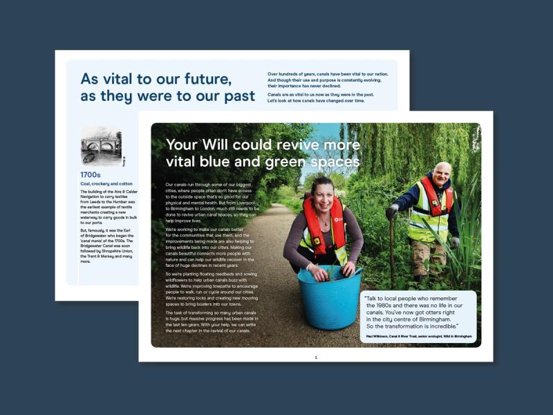 Canal & River Trust legacy engagement landscape brochure pages laid on top of each other with the top page showing smiling people cleaning the canal bank with a caption reading "Your Will could revive more vital blue and green spaces".