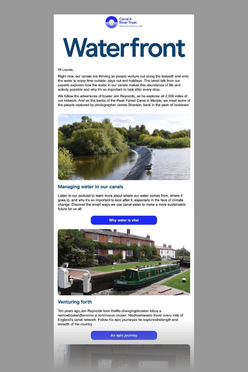 Canal & River Trust email campaign showing stories with the title 'Waterfront'.