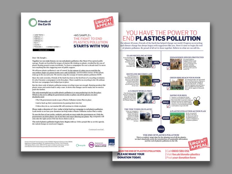Friends of the Earth - Ocean plastic campaign urgent appeal letter front and reverse with the caption "You have the power to end plastics pollution".