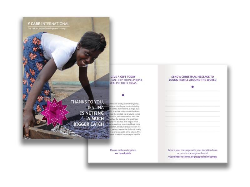 Y Care International appeal folding card front and reverse showing an image of a smiling young woman bent to shake produce in a piece of equipment looking at the camera to the front, with the reverse showing messaging and space to write a message