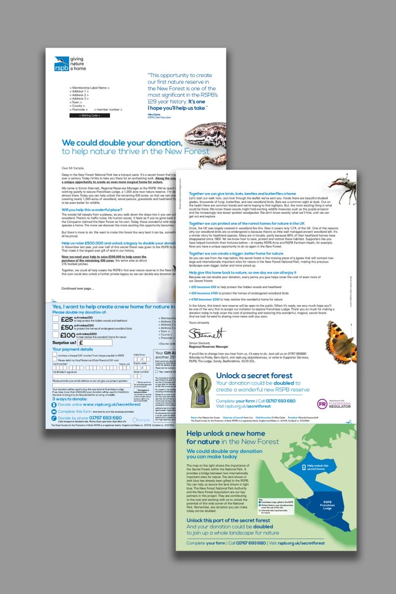 RSPB Secret Forest campaign letter faces including a donation form laid over each other