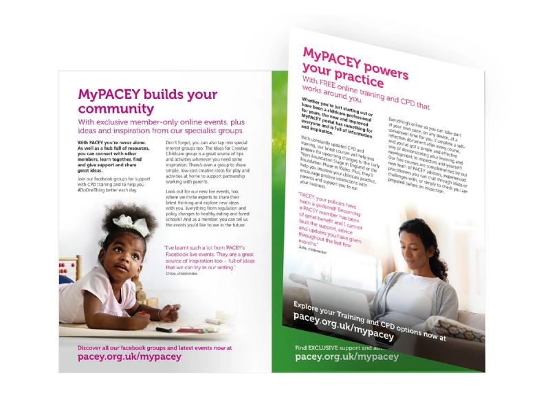PACEY membership brochure inner folded pages shown as a 3d mockup with various images and captions.