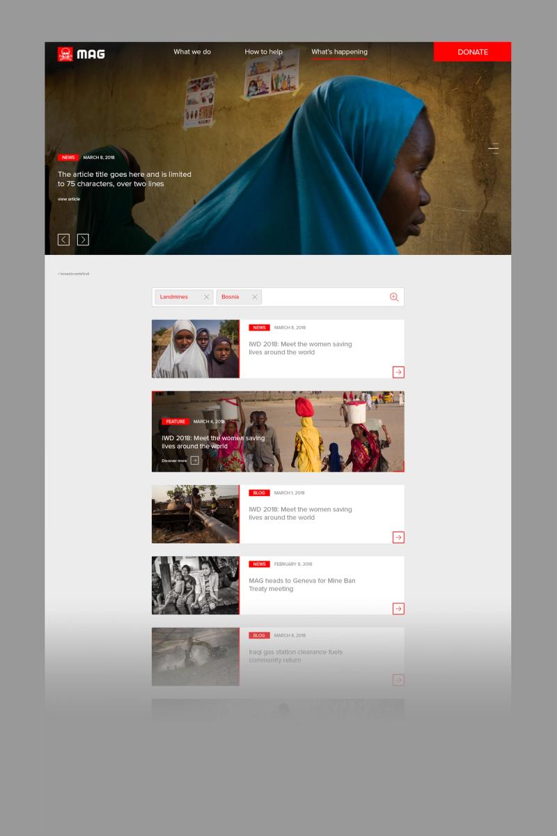 Mines Advisory Group website refresh Whats's Happening page partially faded out towards the bottom.