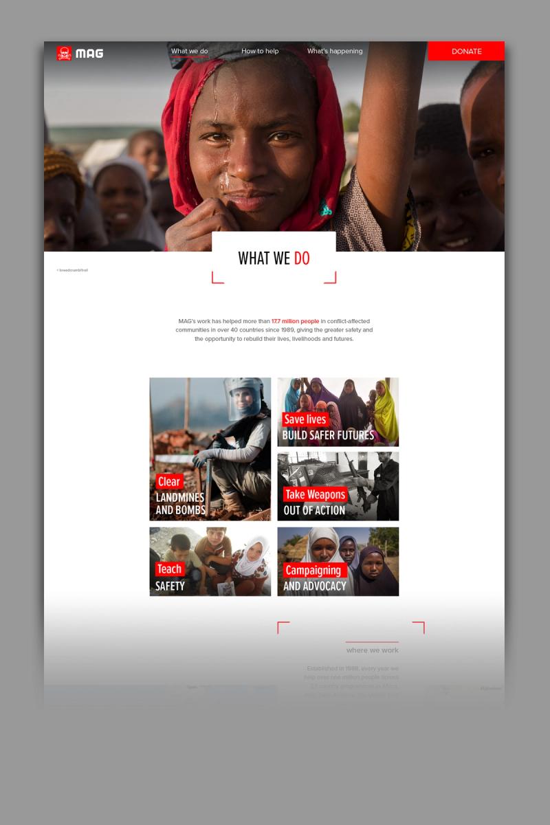 Mines Advisory Group website refresh What We Do page partially faded out towards the bottom.