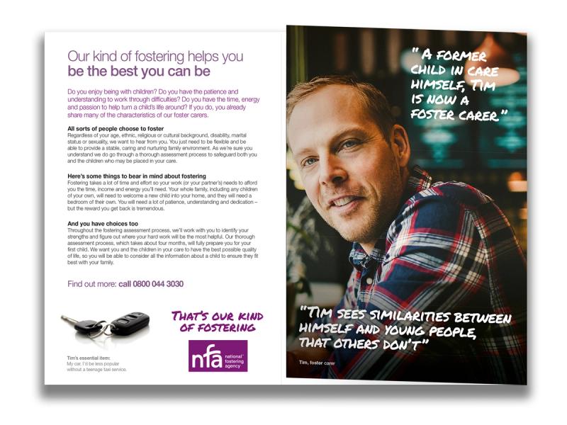 National Fostering Agency campaign leaflet inner spread showing an image of a smiling man in a cheque shirt with text and campaign messaging.