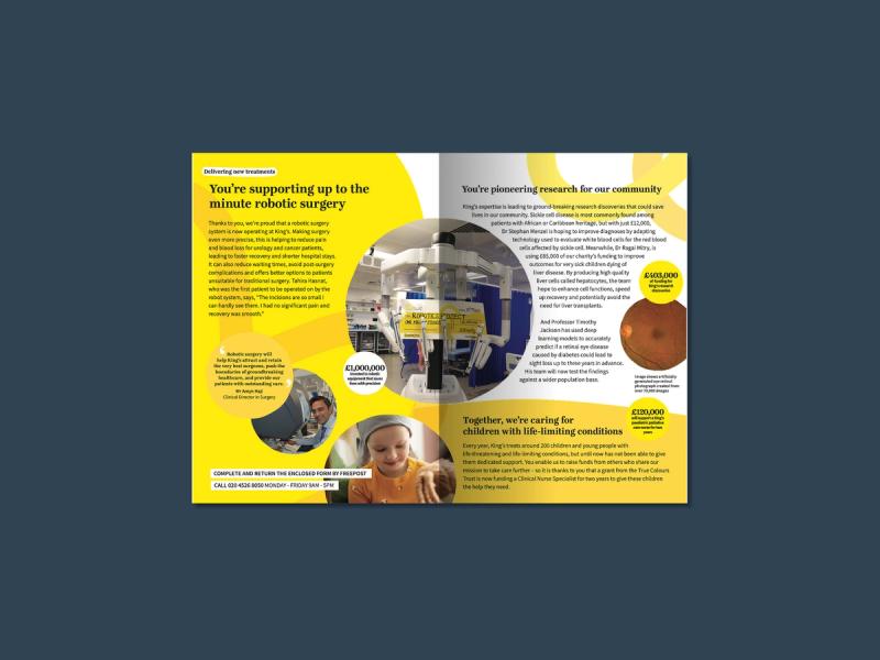 King's College Hospital Charity - Impact report mailer displaying images and information with a headline of - You're supporting up to the minute robotic surgery.