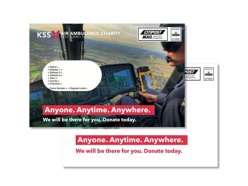 KSS Air Ambulance - Anyone. Anytime. Anywhere campaign envelope with an image of a helicopter cockpit and pilot.