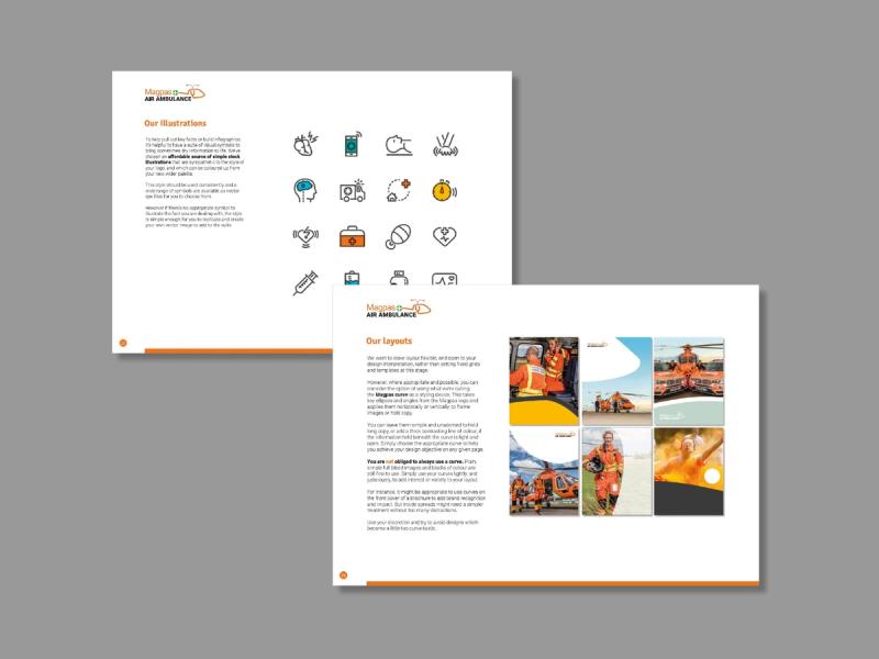 Magpas brand guideline brand inner pages showing usage of Our Illustrations and Our Layouts.