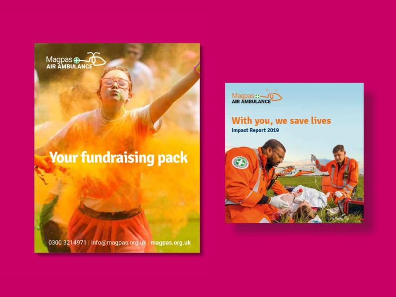 Magpas fundraising pack leaflet cover and impact report cover.