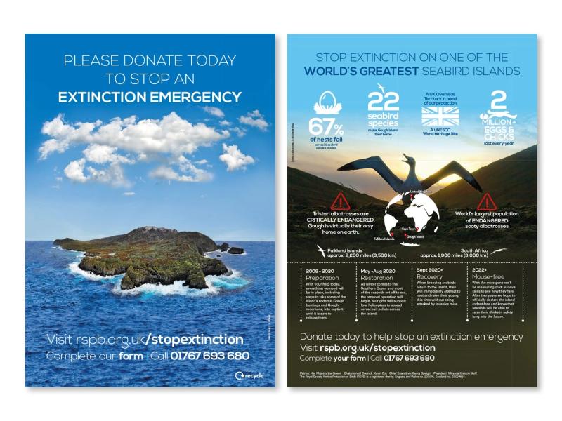 RSPB Gough Island appeal poster front showing the whole of Gough Island surrounded by ocean with the caption "Please donate to stop an extinction emergency", and the reverse showing infographic information.