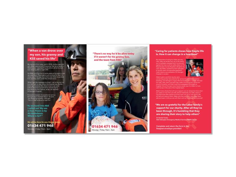 KSS Air Ambulance - Anyone. Anytime. Anywhere campaign folded mailer inners with images and donation messages.