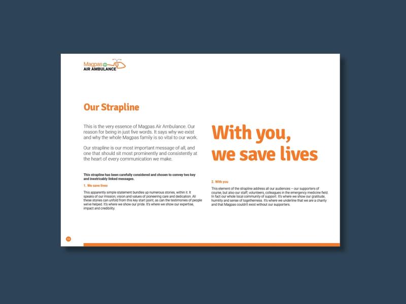 Magpas brand guideline page with the captions "Our Strapline" and "With you, we save lives".