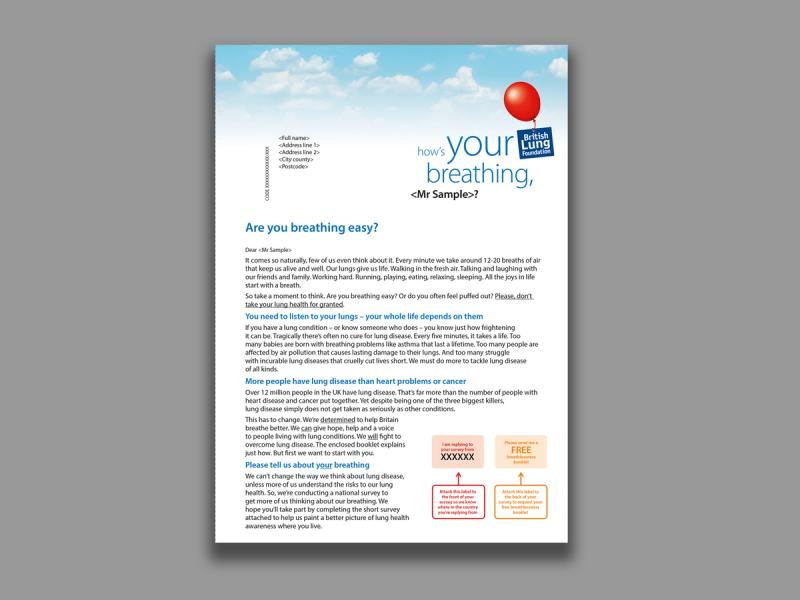 British Lung Foundation, Breather Better campaign - A letter front with clouds and a red balloon with the caption "Are you breathing easy?".