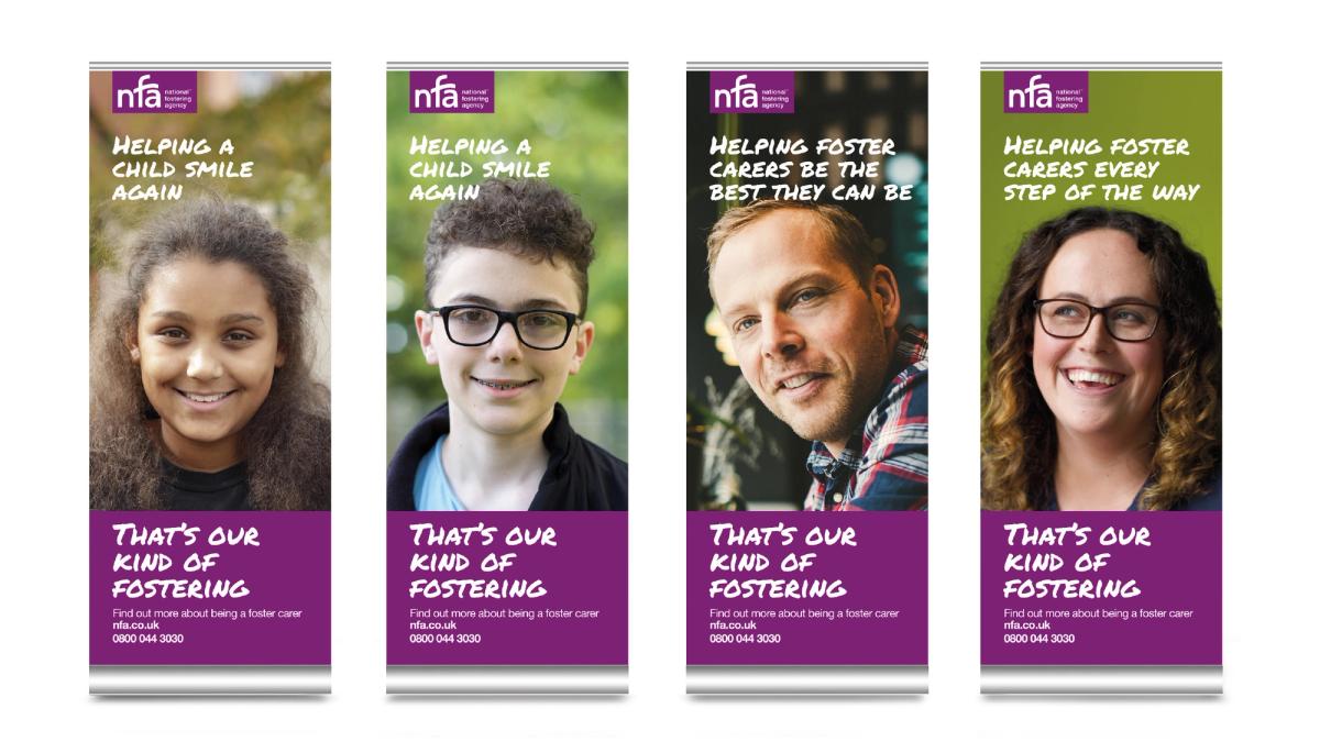National Fostering Agency campaign pull up banner mockup with various campaign messaging.