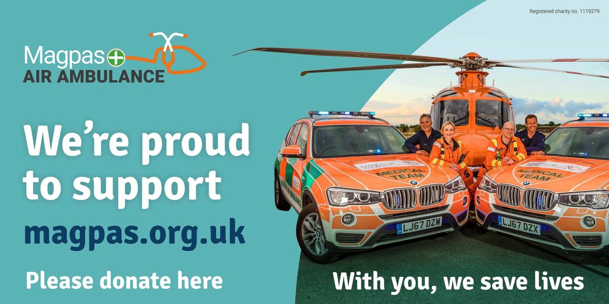 MAGPAS Air Ambulance fundraising campaign banner with the caption "We're proud to support magpas.org.uk".