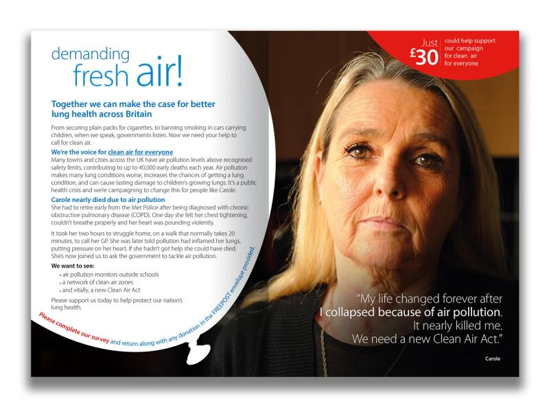 British Lung Foundation, Breather Better campaign - A leaflet inner spread with the image of a sad woman facing the camera with the caption "Demanding fresh air!".