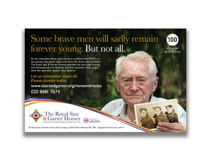 Royal Star & Garter - Postcard with a story showing an old man holding a picture of lost friends facing the camera with the words "Some brave men will sadly remain forever young. But not all.".