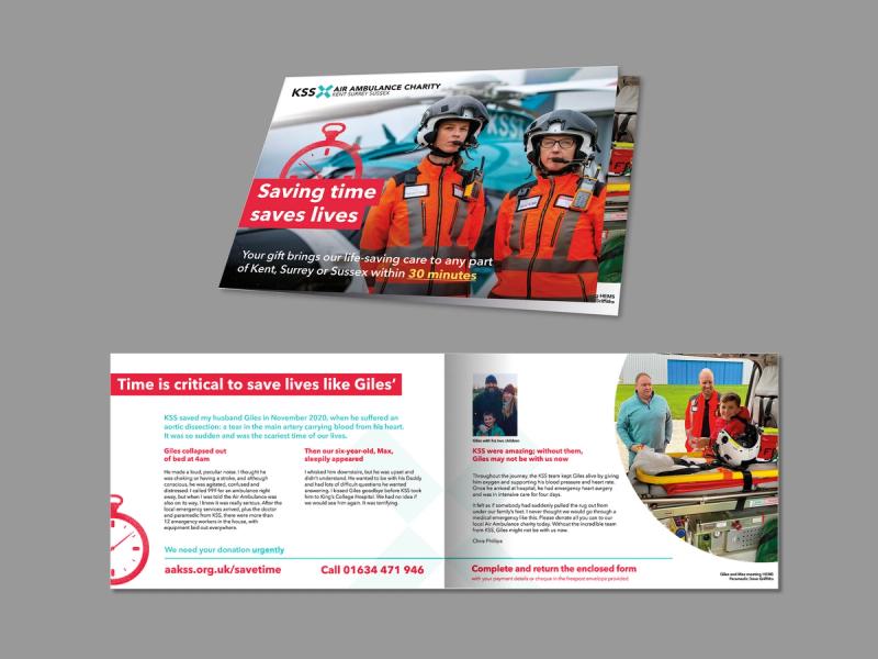 KSS Air Ambulance - Saving time saves lives campaign mailer pages displaying information on KSS and how to donate.
