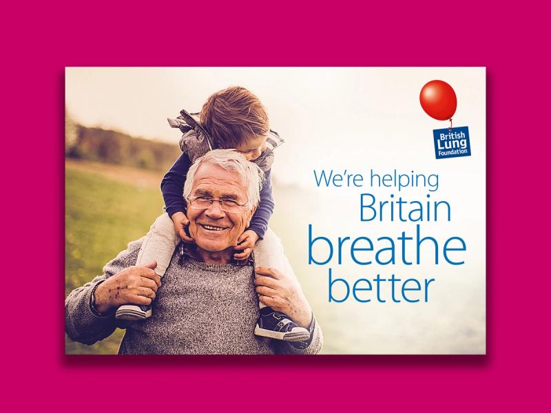 British Lung Foundation, Breather Better campaign - An envelope mockup with an image of a smiling, old man wearing spectacles, walking in open countryside with a young child on his shoulders holding on, with the caption "We're helping Britain breathe better".