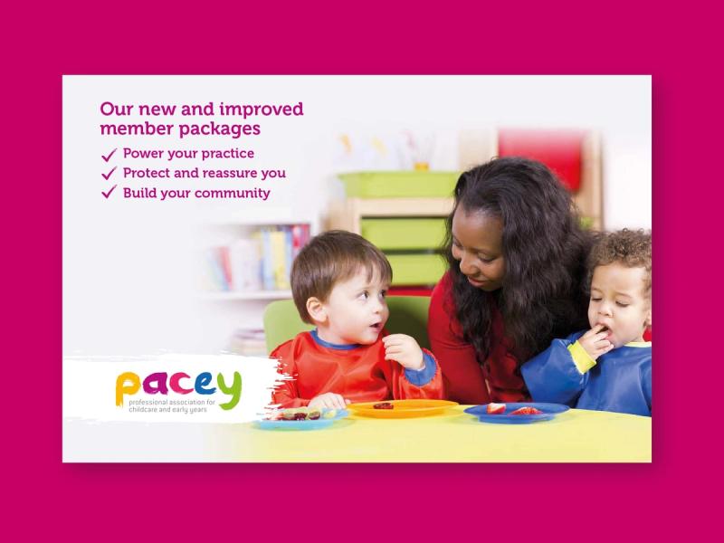 PACEY envelope front with an image of a nursery teacher and two young children with the caption "Our new and improved member packages".