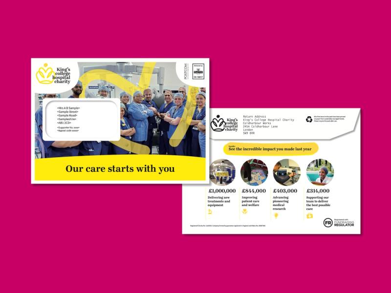 King's College Hospital Charity - Impact report mailer envelope displaying an image of multiple surgeons, doctors and nurses with the caption of Our care starts with you.
