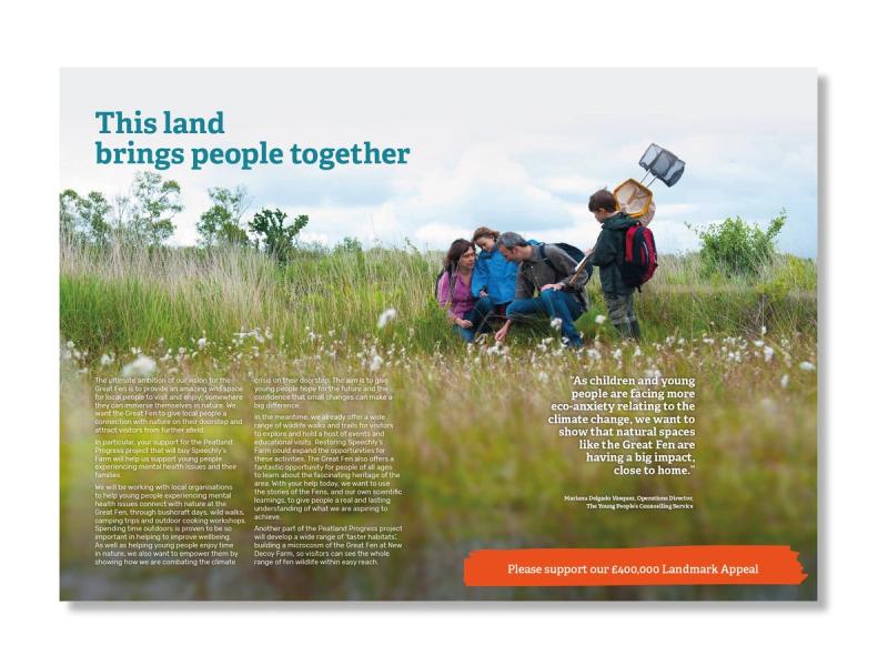 The Wildlife Trust - Brochure spread showing an image of a family in meadowland stopping to look at something with the caption "This land brings people together".