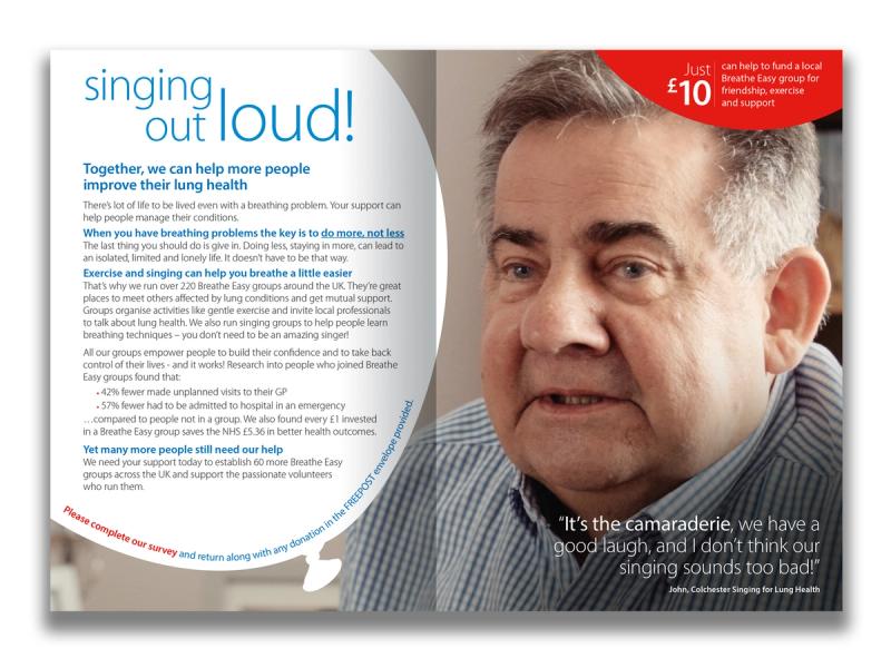 British Lung Foundation, Breather Better campaign - A leaflet inner spread with the image of a smiling man wearing a blue cheque shirt with the caption "Singing out loud!".