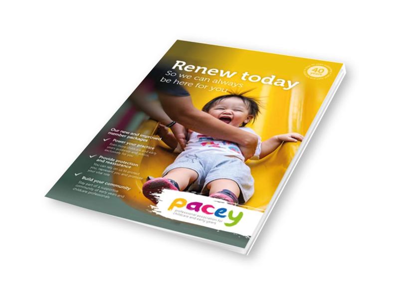 PACEY renewal brochure cover showing a laughing child on a yellow slide with the caption "Renew today".