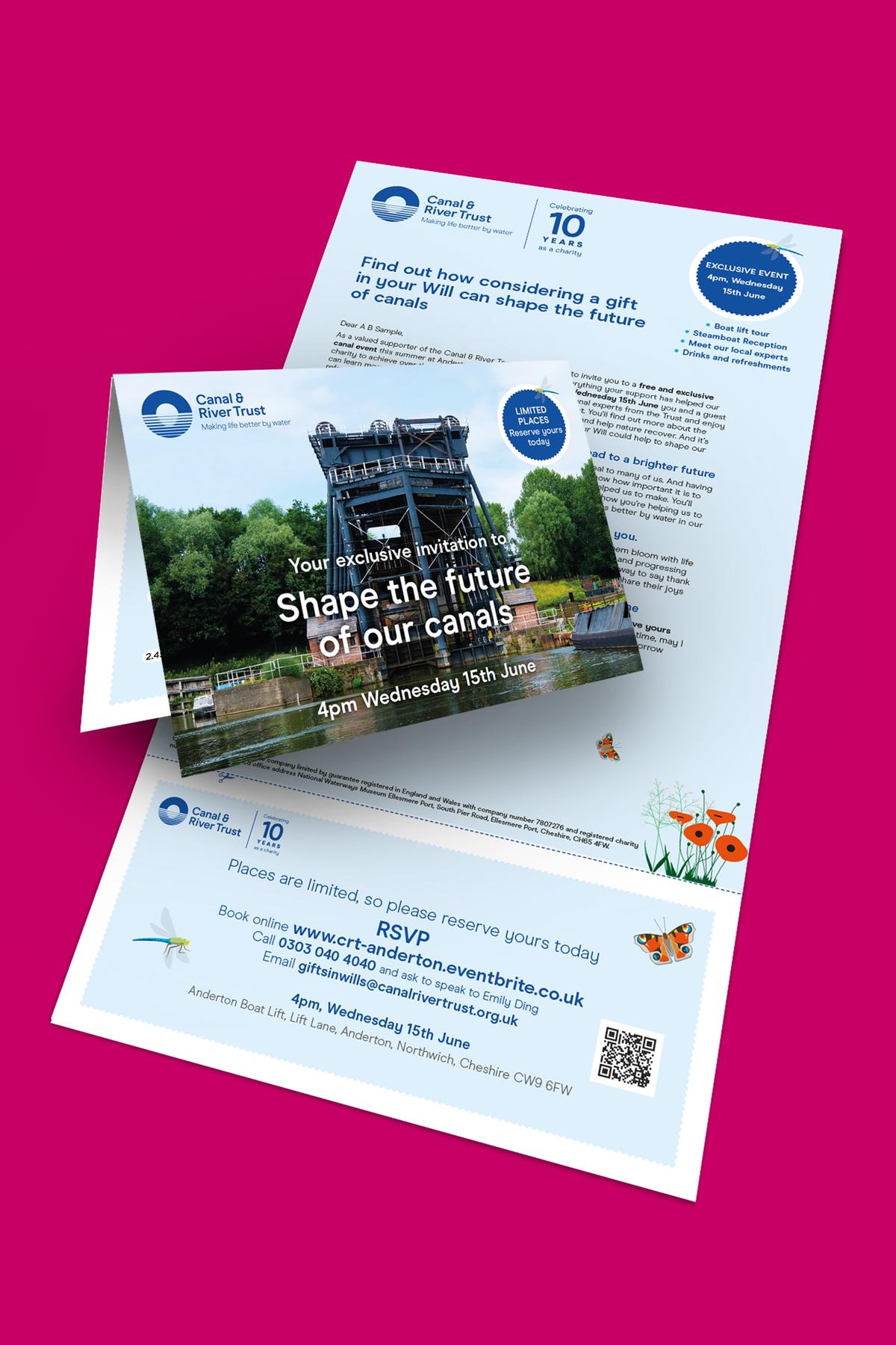 Canal & River Trust legacy engagement landscape brochure pages laid on top of each other with the top page showing smiling people cleaning the canal bank with a caption reading "Your Will could revive more vital blue and green spaces".