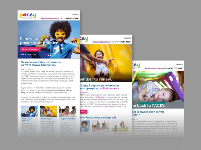 PACEY three email campaign newsletters displayed next to each other.