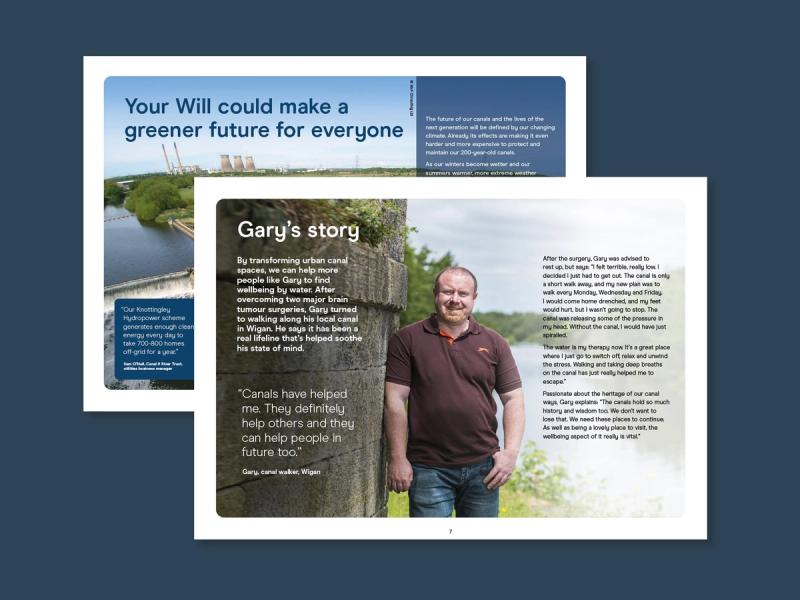 Canal & River Trust legacy engagement landscape brochure pages laid on top of each other with the top page reading "Gary's story".
