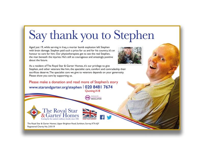Royal Star & Garter - Postcard with a story showing Stephen in his wheelchair turning to face the camera with the words "Say thank you to Stephen".