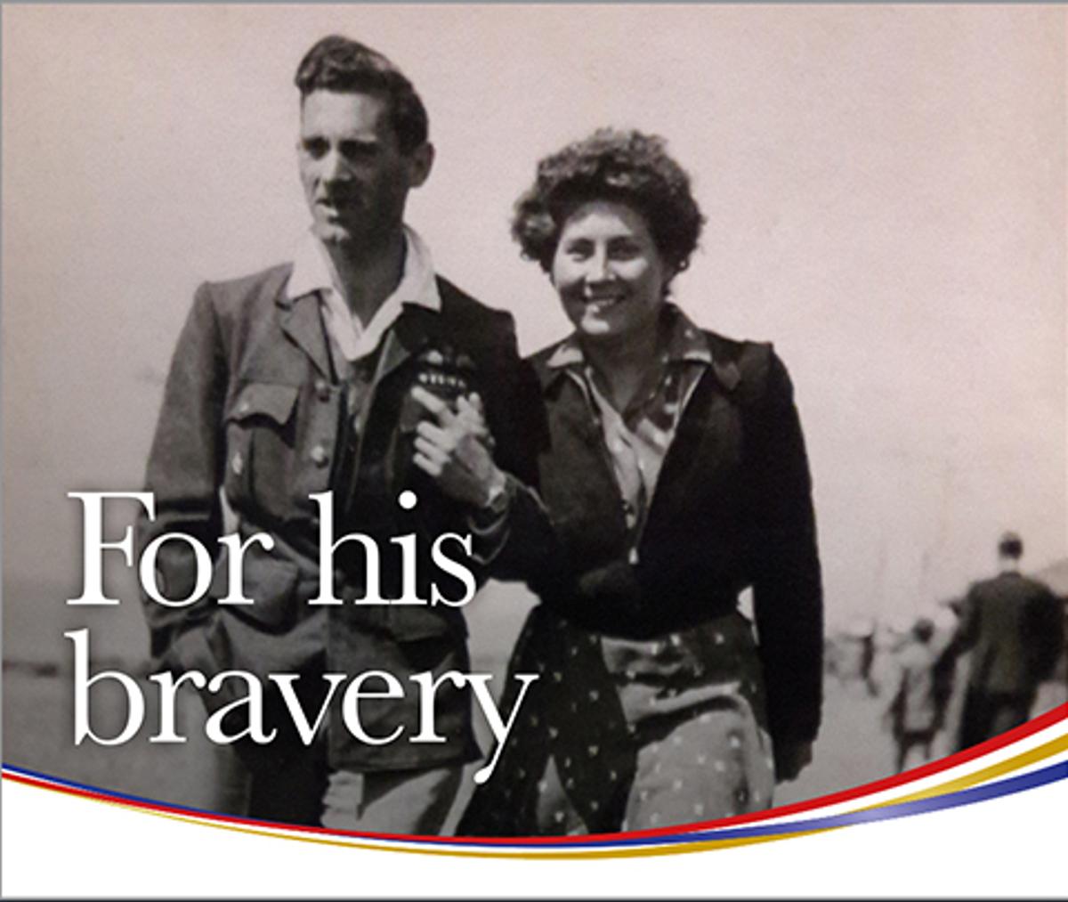 Royal Star and Garter - Black & white photo of an army couple with the words "For his bravery".