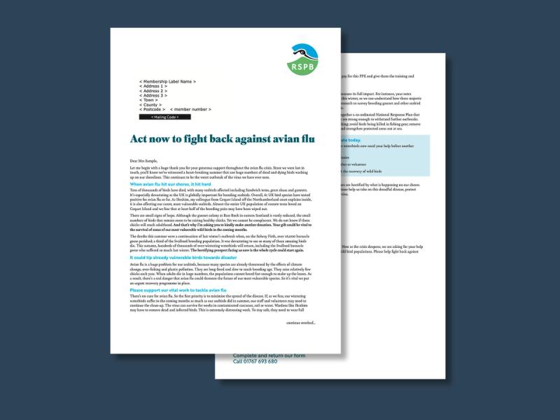 RSPB Avian flu emergency appeal letter with campaign information and a message of - Act now to fight back against avian flu.