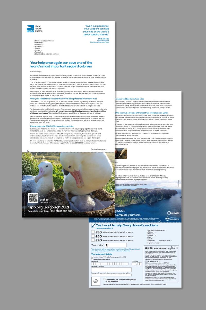 RSPB Gough Island appeal letter and donation form faces stacked on top of each other.