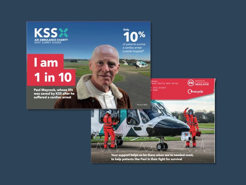 KSS Air Ambulance - I am 1 in 10 campaign envelope with an image of a thankful man that had been saved by KSS.