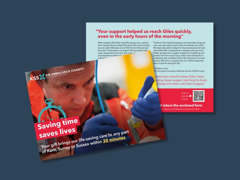 KSS Air Ambulance - Saving time saves lives campaign postcard displaying a close up image of a paramedic in action and information on the reverse.