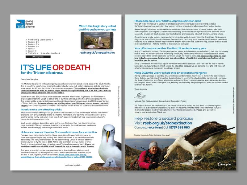 RSPB Gough Island appeal campaign letter front and reverse with an Albatross images with the caption "IT'S LIFE OR DEATH for the Tristan Albatross".
