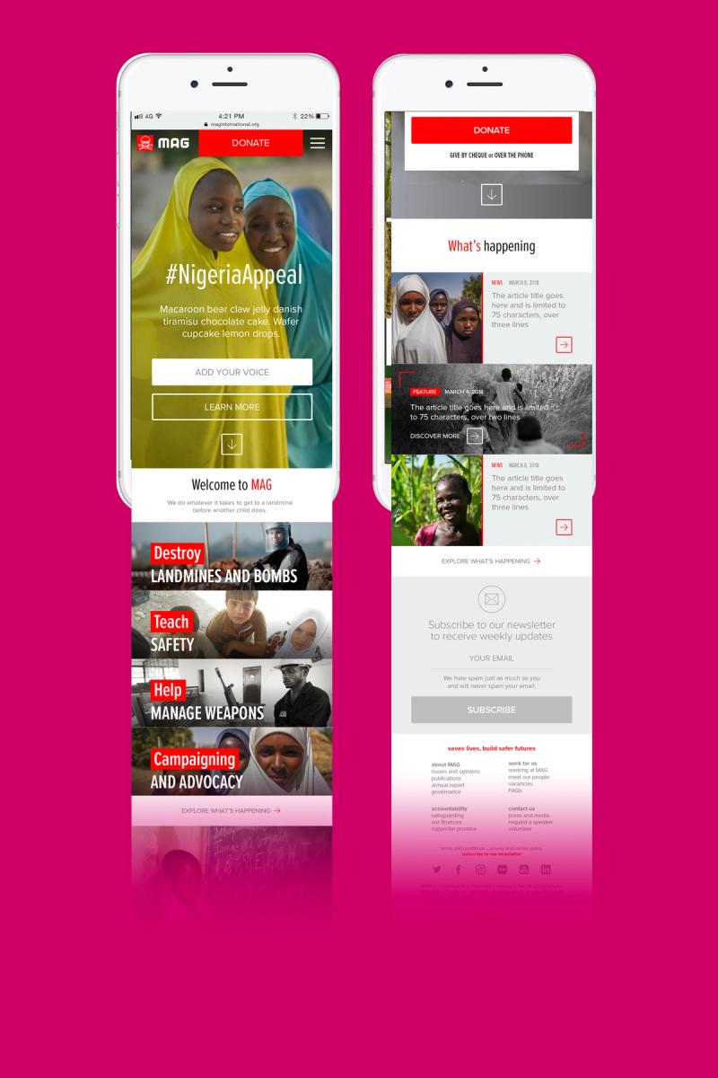 Mines Advisory Group website refresh homepage mobile version superimposed onto two mobile devices.