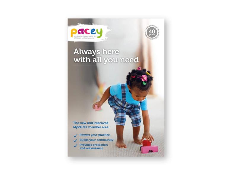 PACEY membership brochure cover showing a young child in blue dungarees bending to pick up a red wooden block with the caption "Always here with all you need".