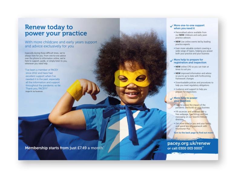 PACEY renewal brochure inner spread showing a smiling child wearing a yellow mask and a blue cape with the caption "Renew today to power your practice".