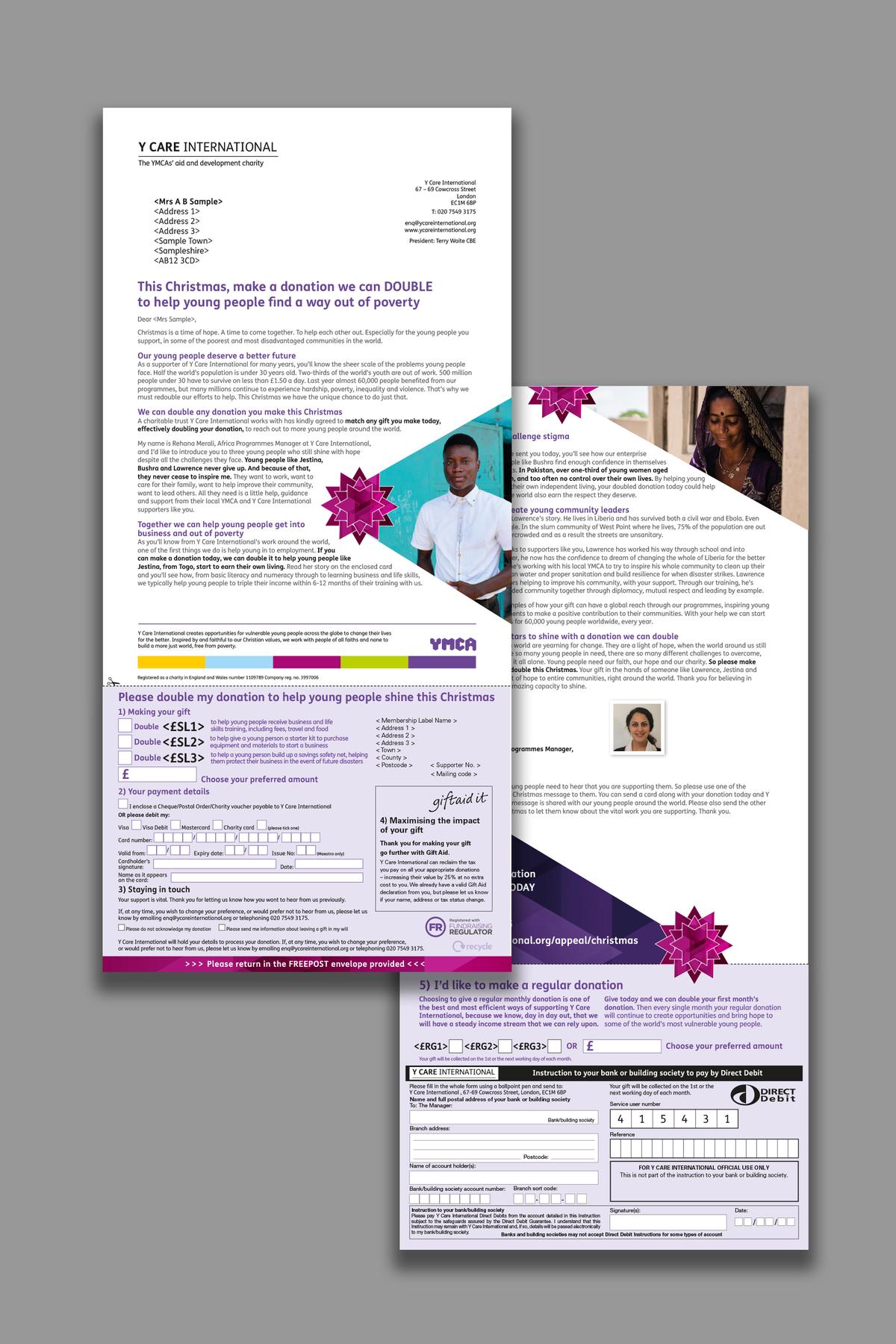 Y Care International appeal letter with donation form displayed as the front and back overlaying each other.