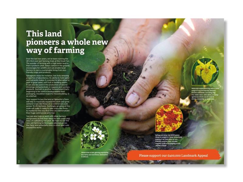 The Wildlife Trust - Brochure spread showing a close up of hands cupping soil while close to the ground with the caption "This land pioneers a whole new way of farming".