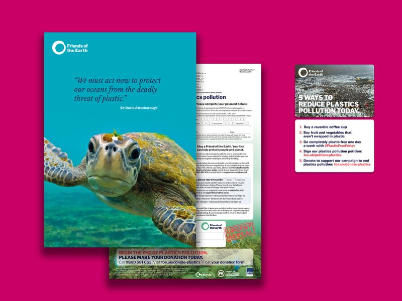 Friends of the Earth - Ocean plastic campaign donation letter front and reverse with form and a highlights card  of 5 ways to reduce plastics pollution today.